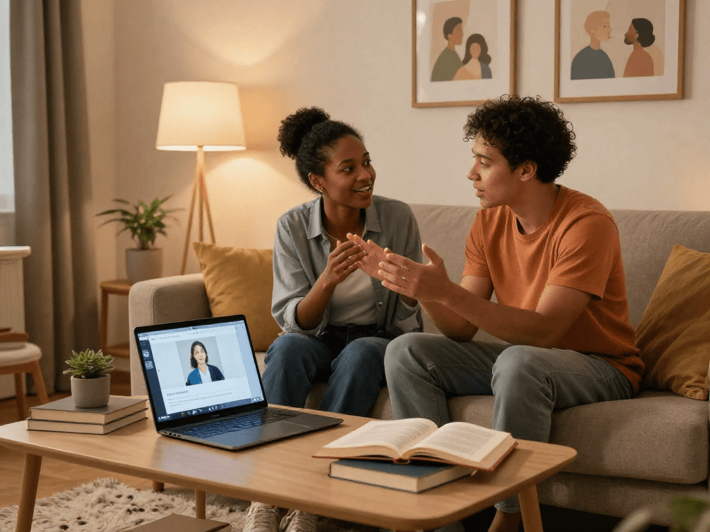 Couple using sex AI for relationship coaching in cozy living room