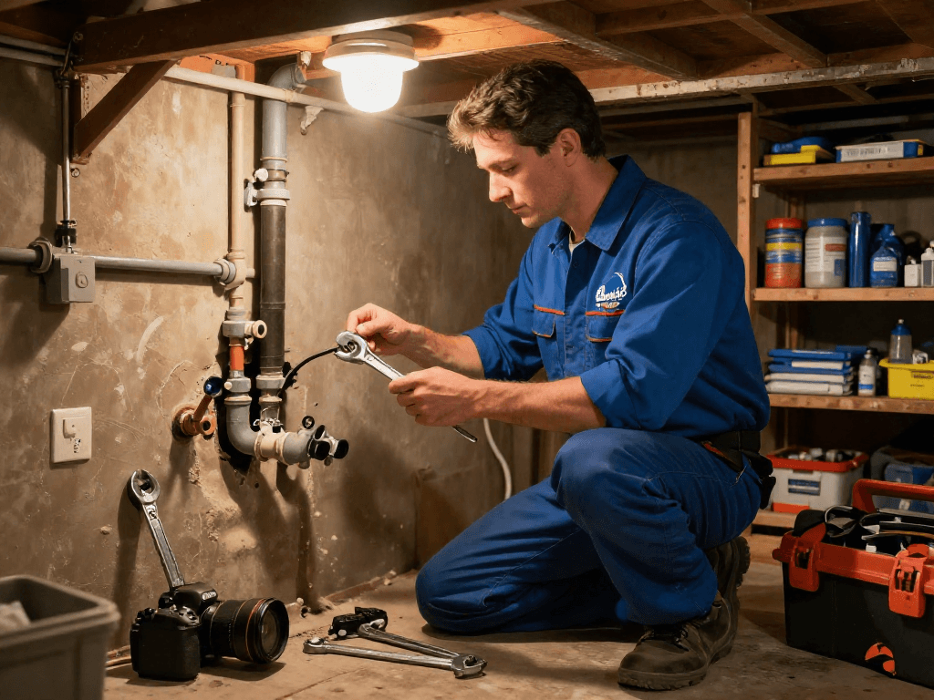 Plumber from Blue Moon Plumbing and Rooter fixing household pipes in a basement.