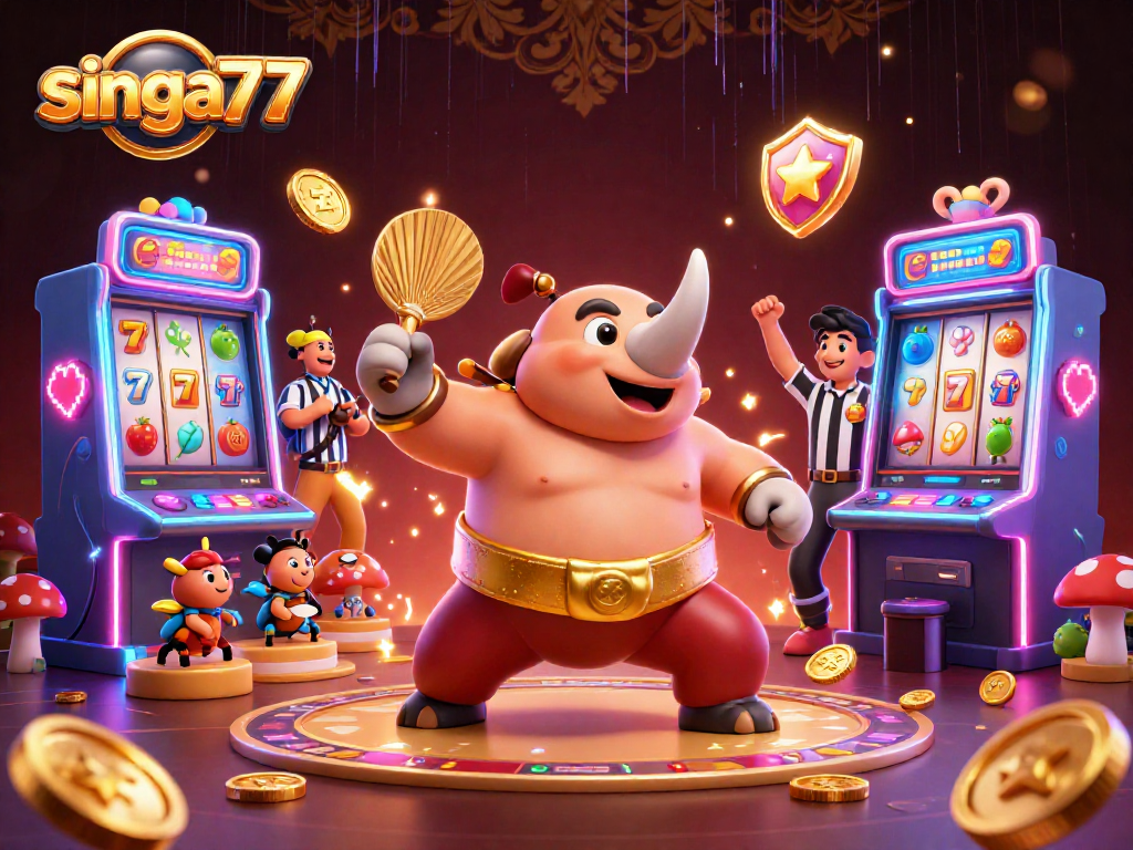 Senga77 captivates with a vibrant casino scene featuring a beetle champion amidst flying coins and slot machines.