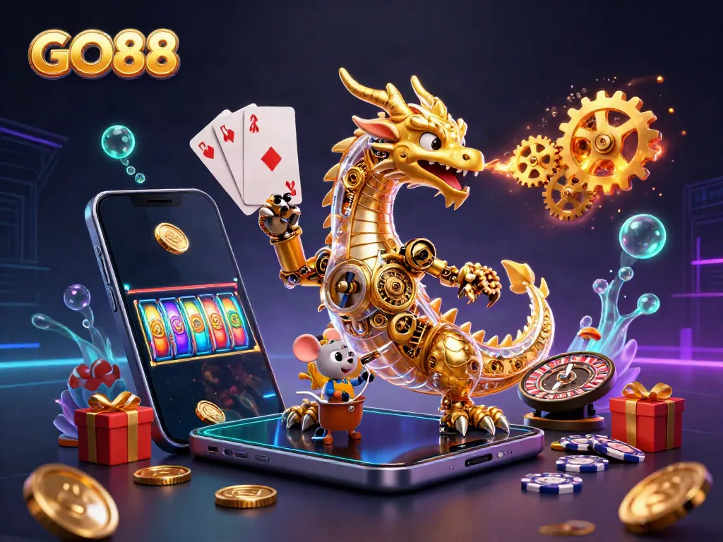 Experience GO88's immersive gaming world with a striking golden dragon and magical casino elements.