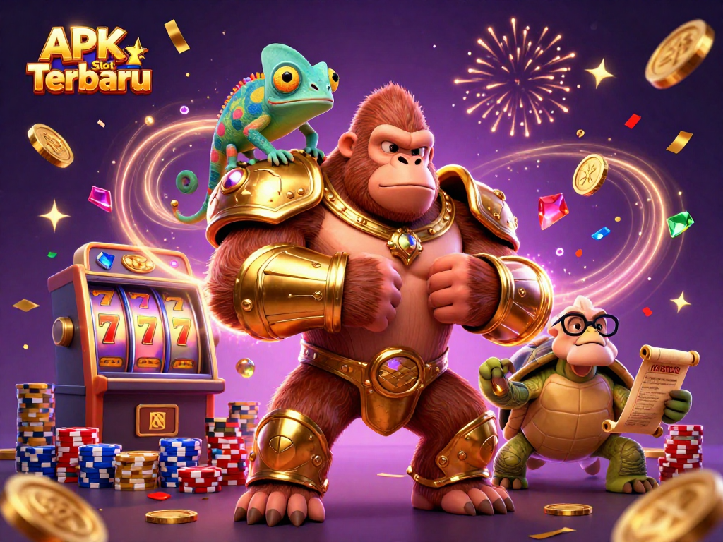 Spin to win with APK Slot Terbaru; vibrant 3D scene of gorilla king and gambling elements.