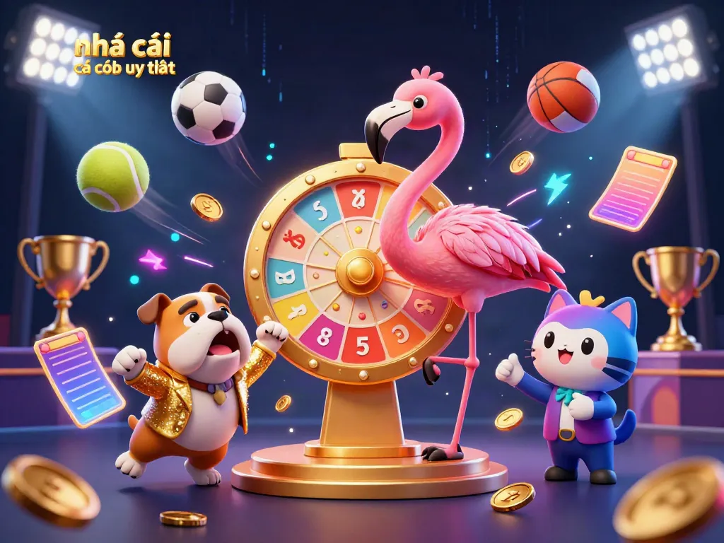 Exciting scene with nhà cái cá cược uy tín showcasing a flamingo host, bulldog contestant, and scoreboard cat, surrounded by vibrant sports elements.