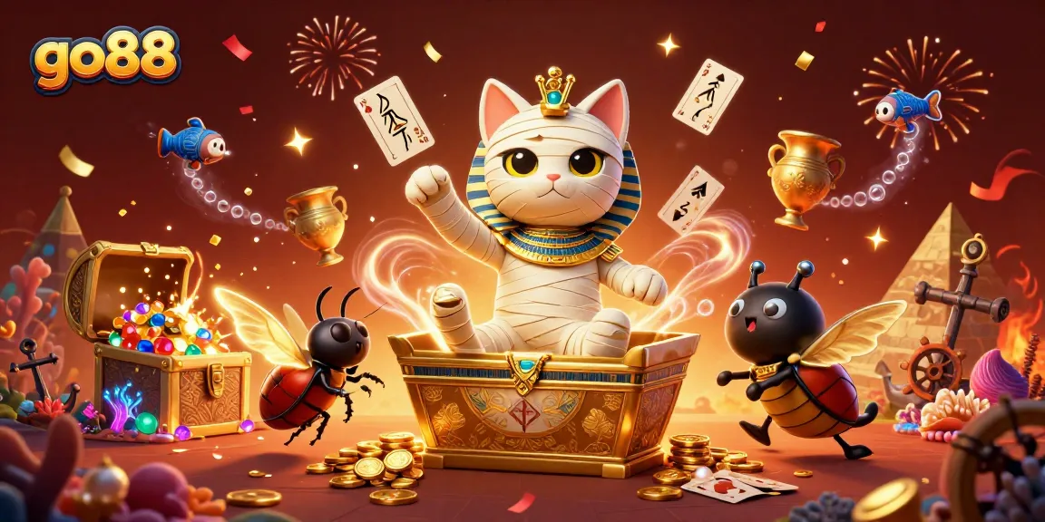 Engage in thrilling gaming at go88 with a dynamic casino scene featuring a mummy cat and treasures.
