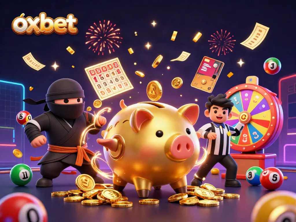 Experience non-stop fun at oxbet with a dynamic illustration of a golden piggy bank wrestler amidst confetti and colorful lottery elements.
