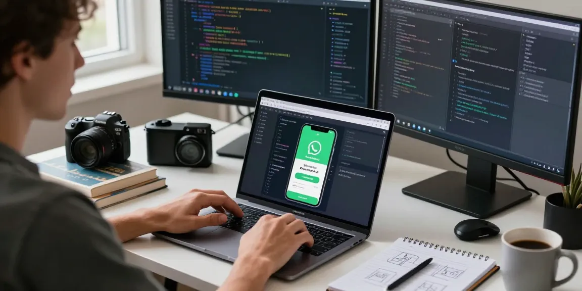 WhatsApp下載 displayed on smartphone in a modern workspace setting with coding screens and creative elements.