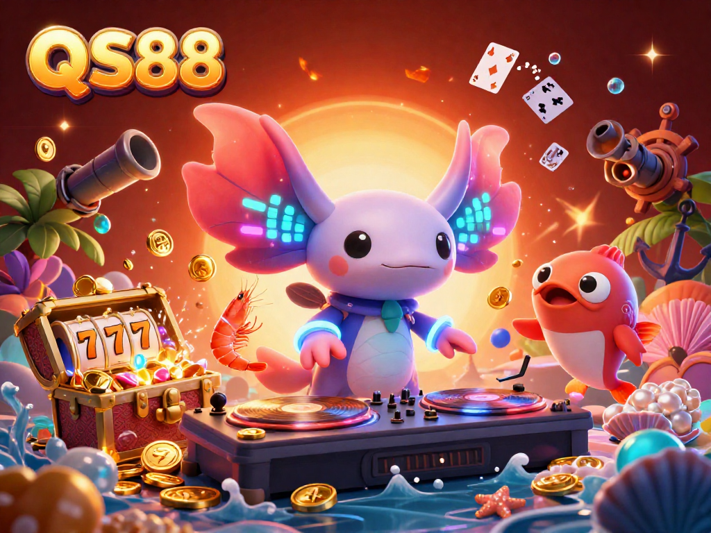 Experience the vibrant QS88 casino scene with a neon axolotl DJ and slot reels in action.