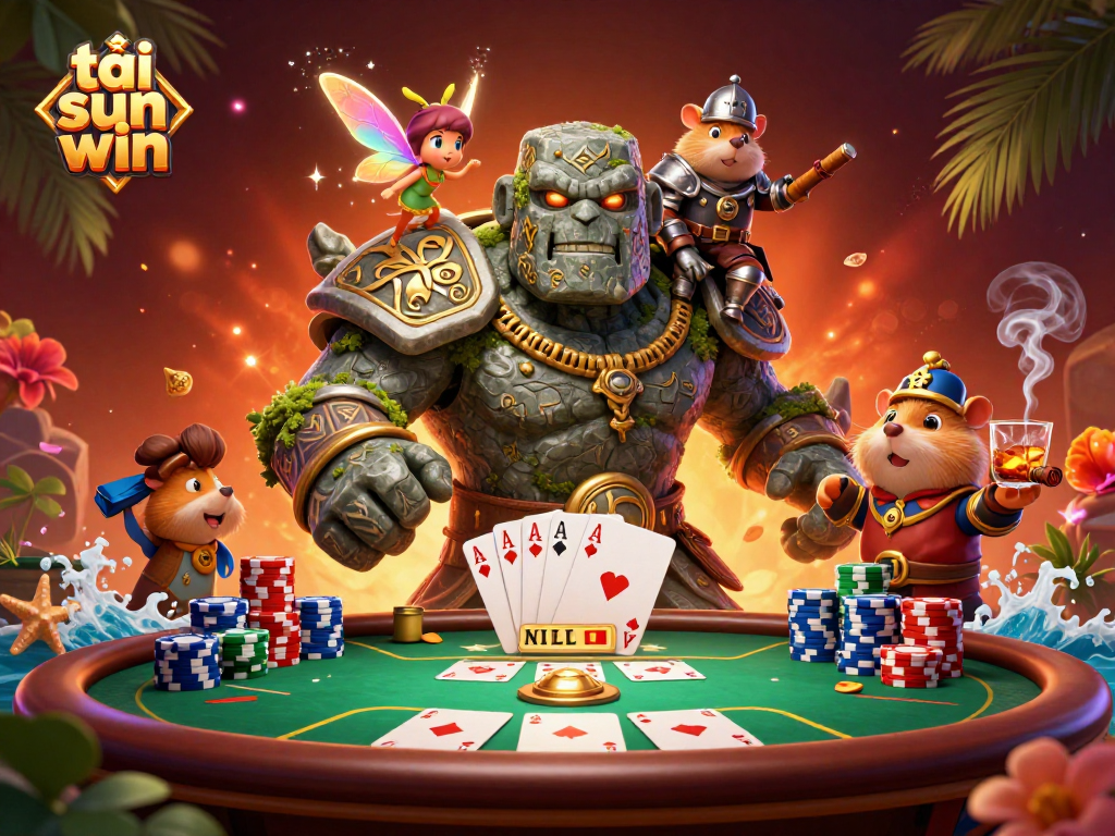 Experience the thrill with tải sun win as a golem guardian, tiny fairy, and a knight create a vibrant casino scene.