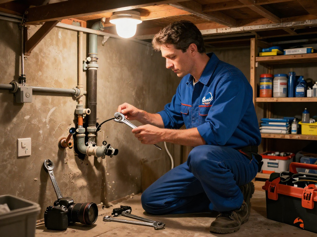 Plumber from Blue Moon Plumbing and Rooter fixing household pipes in a basement.
