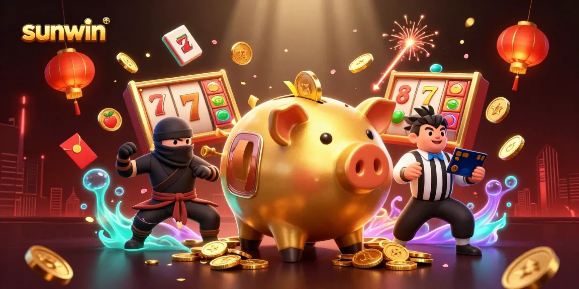 Sunwin jackpot excitement illustrated with a golden piggy bank wrestler, coins flying, and slot symbols