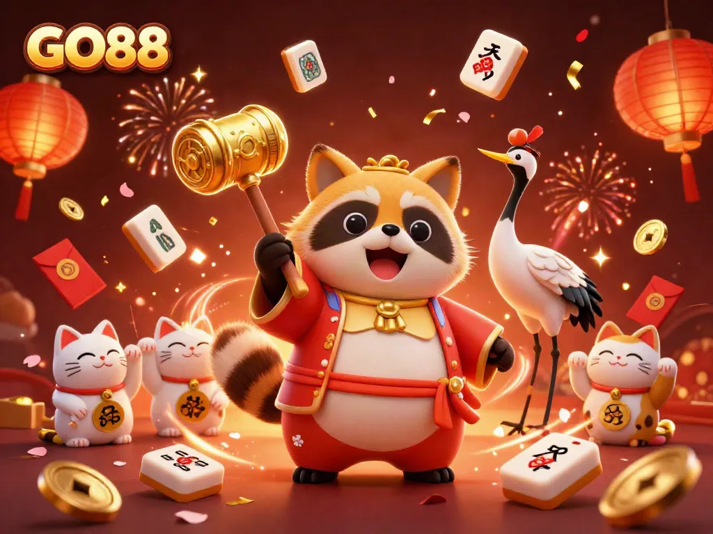 Engage with GO88's vibrant gaming world featuring a cheerful tanuki and lucky symbols in an animated casino backdrop.