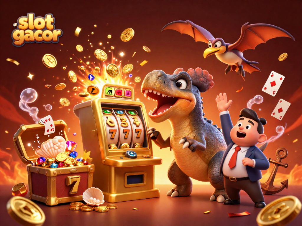 Experience the excitement of slot gacor as a pachycephalosaurus wins the jackpot, surrounded by dynamic casino elements.