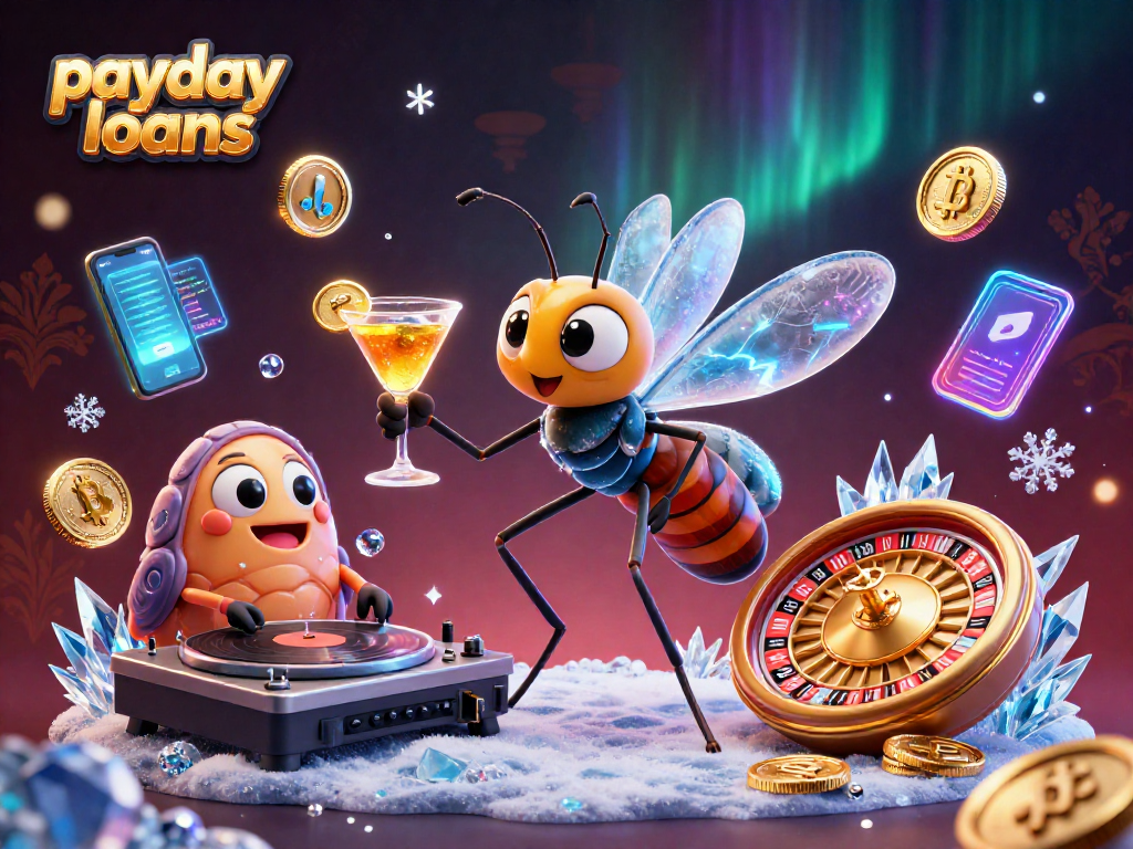 Engage with payday loans while enjoying a vibrant 3D casino scene featuring animated characters and casino elements.