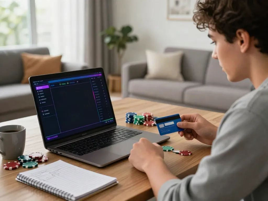 Player at modern home setup using online casinos that accept credit card for deposits and gaming.