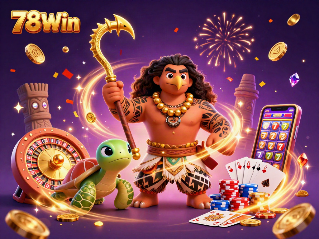 Experience the thrilling world of 78Win with vibrant casino action featuring a joyful hawk and turtle.