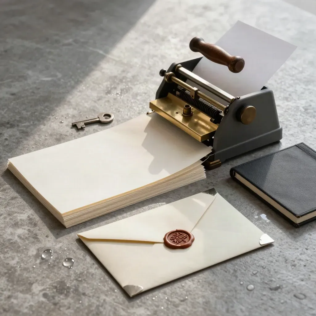 Brass embossing press, certificate stock, sealed envelope and ledger on stone in moody studio light.