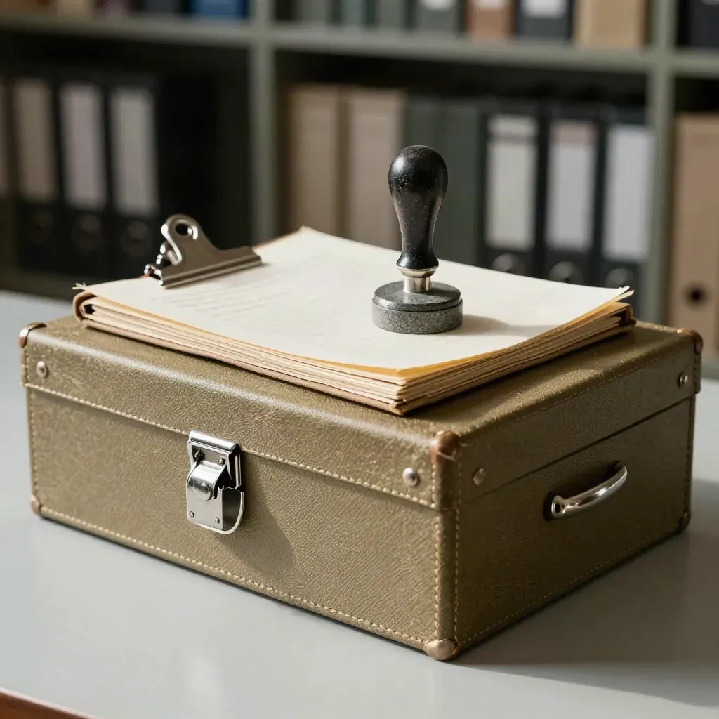 Archive evidence box, clipped logbook and date stamper on stone in a compliance records room.