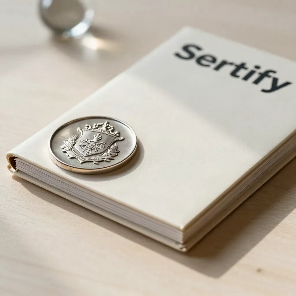 Embossed crest medallion, membership card sleeve and folded register binder on pale wood.
