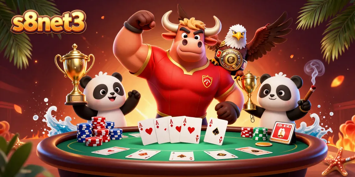 Experience thrilling moments with s8net3 as the bull mascot celebrates victory at a vibrant poker table.