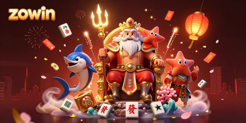 Zowin powerful gaming scene with Neptune, swordfish guard, and floating casino elements