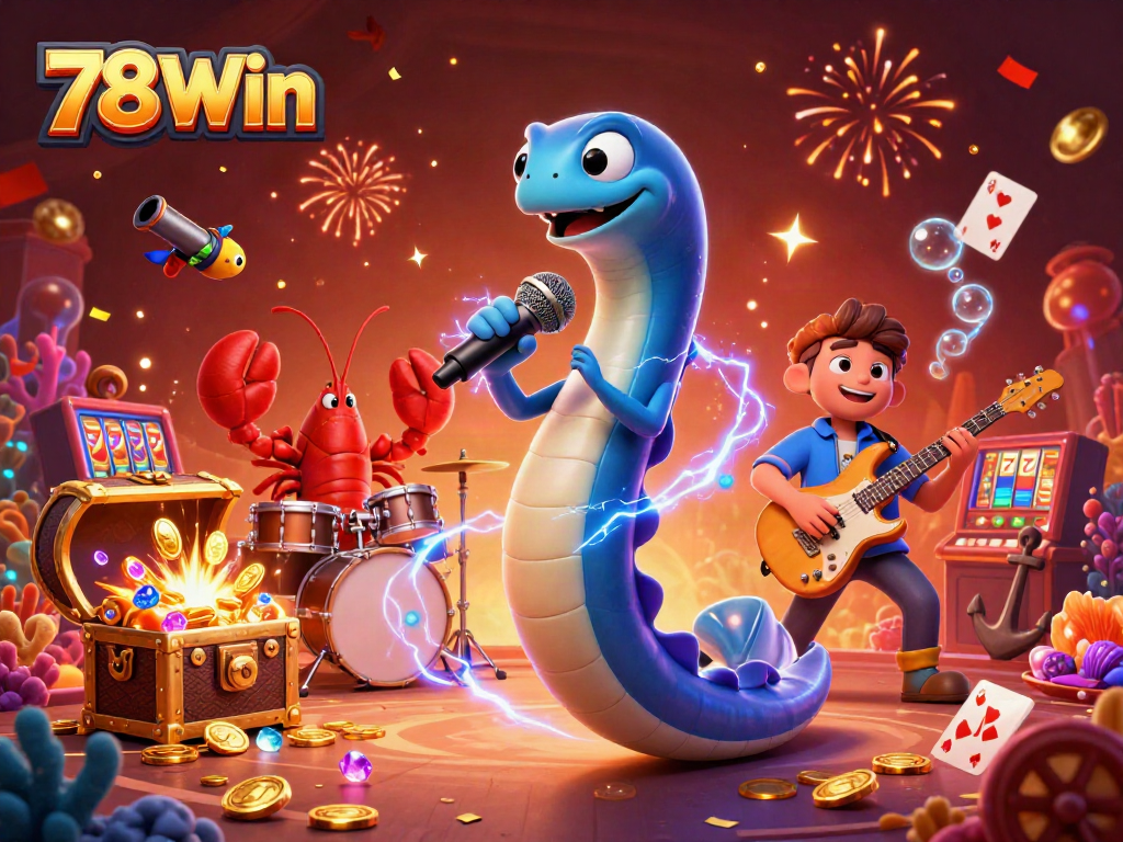 Experience the thrill at 78Win with a vibrant underwater casino scene featuring a DJing electric eel and transforming treasure.
