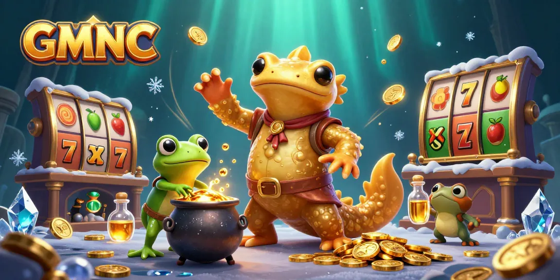 Play and win big with GMNC in a vibrant 3D casino scene featuring gold coins and jackpot elements.