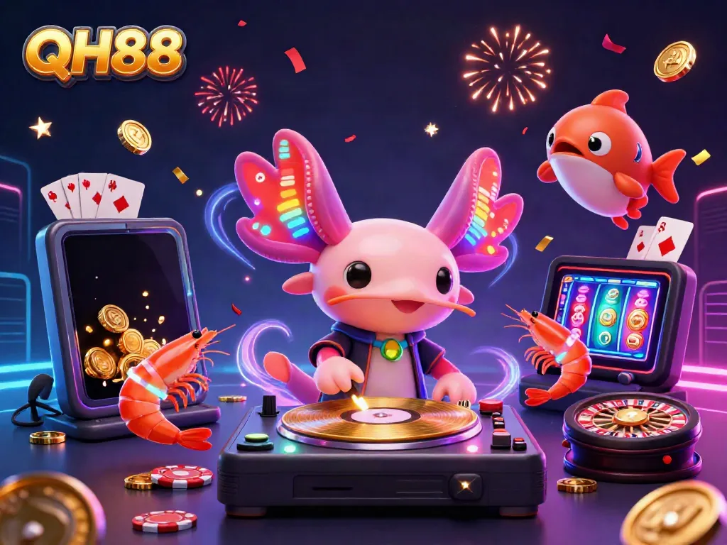 Experience the vibrant energy of QH88 with an axolotl DJ and animated sea creatures spinning exciting slot games.