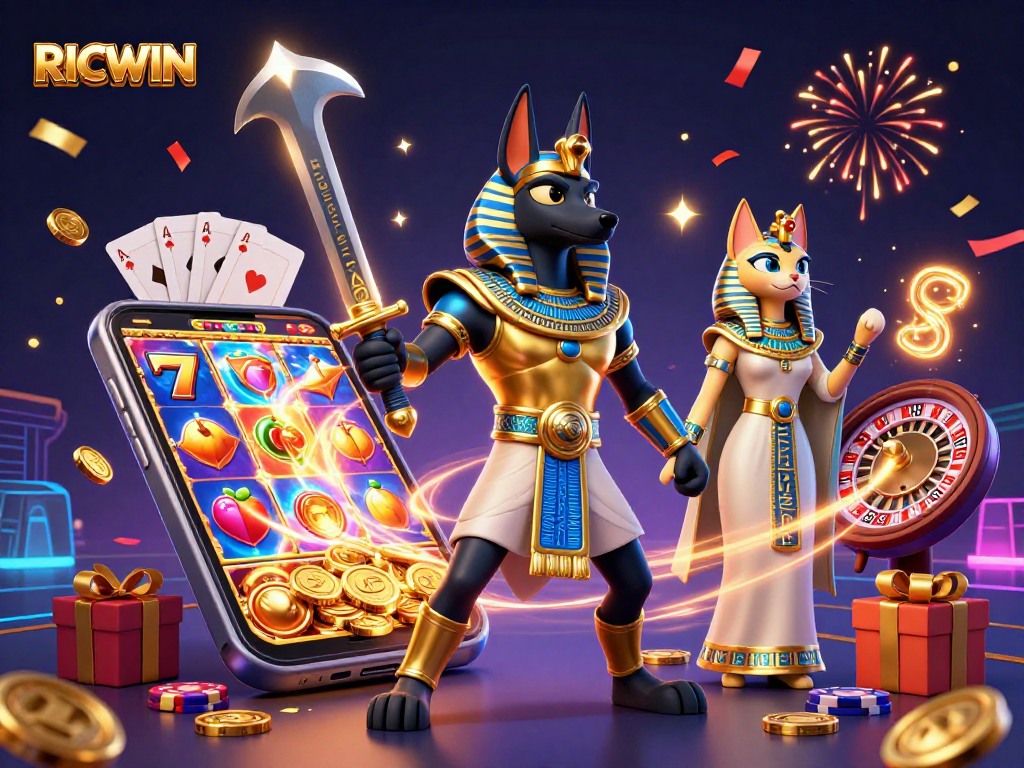 Engage with RICWIN's vibrant casino adventure showcasing Anubis and Bastet amidst slot excitement.