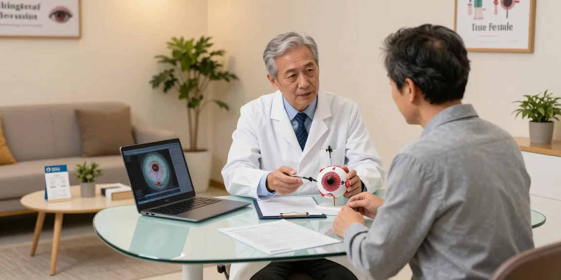 Book a cataract surgery consultation with a caring ophthalmologist discussing eye health in a modern clinic.