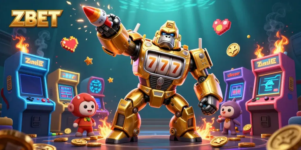 Experience ZBET with a dynamic gorilla mech embodying casino excitement and colorful game elements.