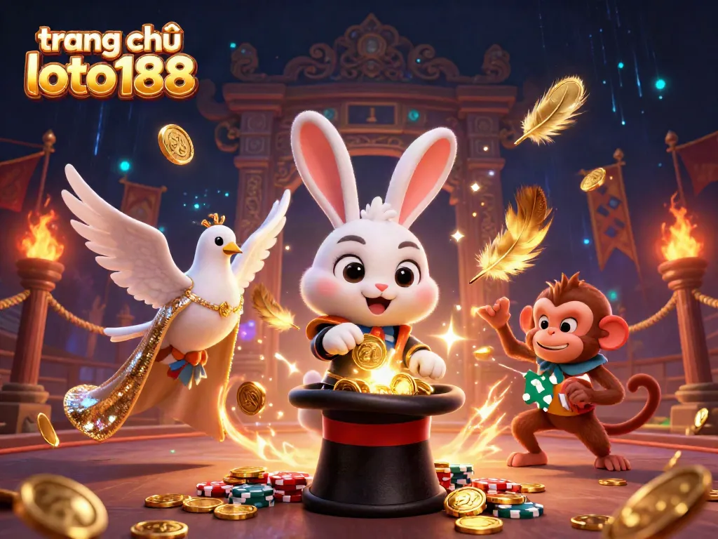 Engage with thrilling action on trang chủ loto188 featuring a magician rabbit, dove assistant, and monkey with vibrant casino elements.
