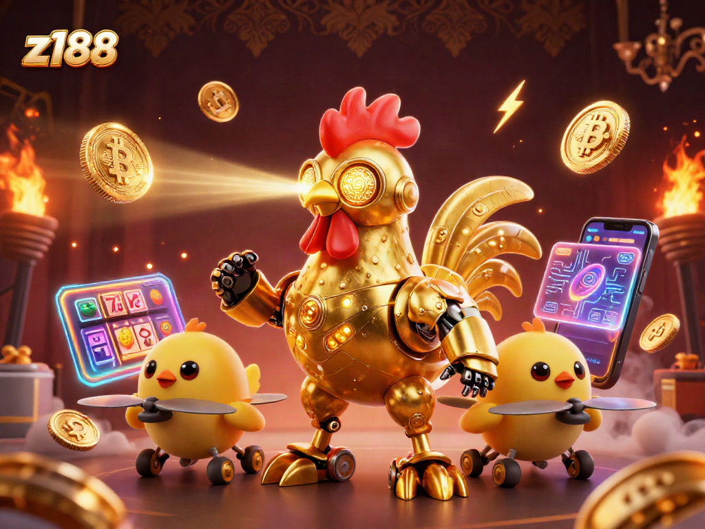 Experience z188 gameplay with a vibrant 3D illustration of a golden rooster robot amidst slot reels, crypto coins, and baby chick drones.