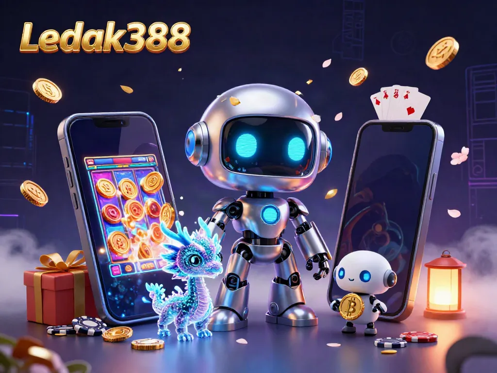 Experience the vibrant gaming world of Ledak388 with a cyberpunk robot and AI companions amid slot games and golden coins.