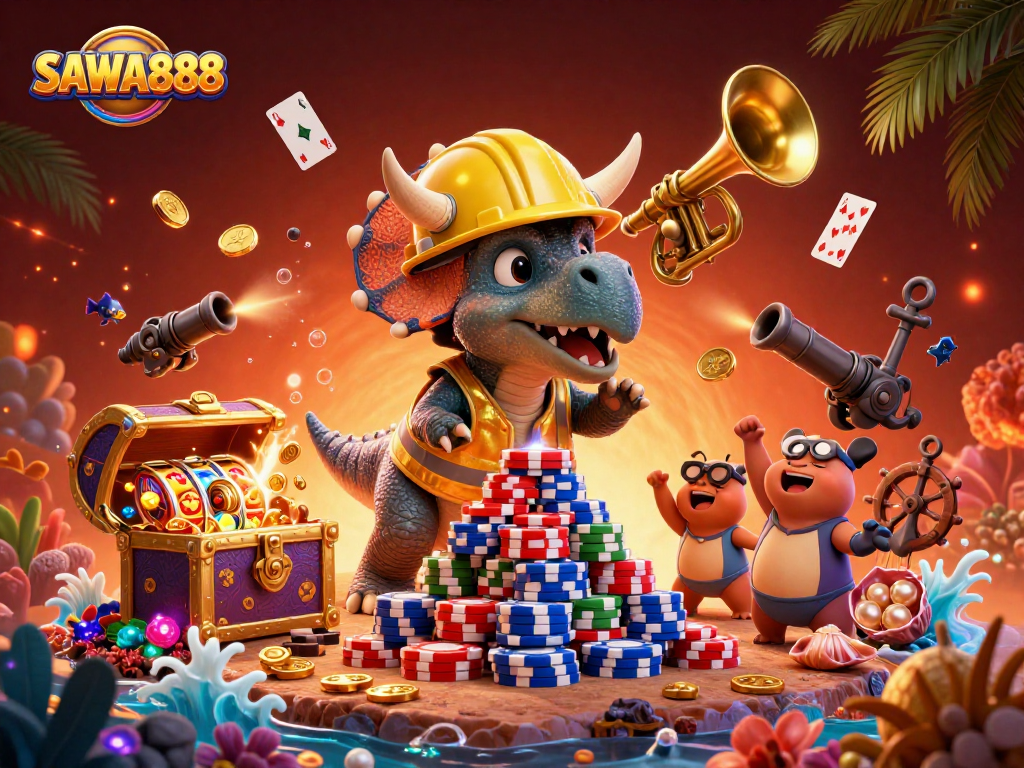 Join the SAWA888 fun with a cheerful triceratops celebrating big wins at the casino!