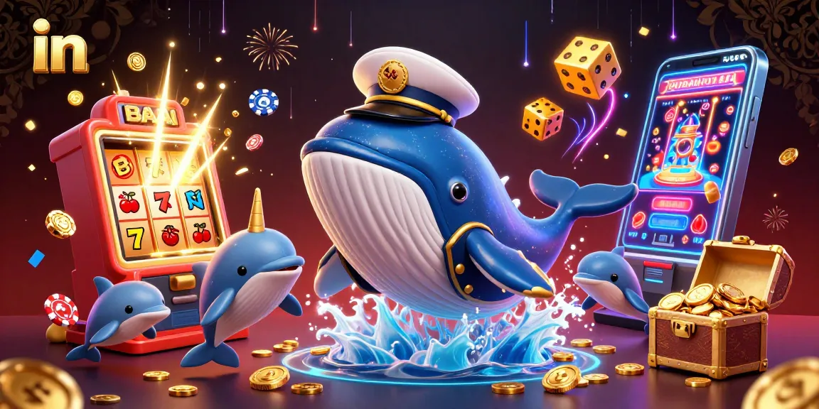 Experience excitement in vibrant 3D casino scene with whales and jackpot symbols