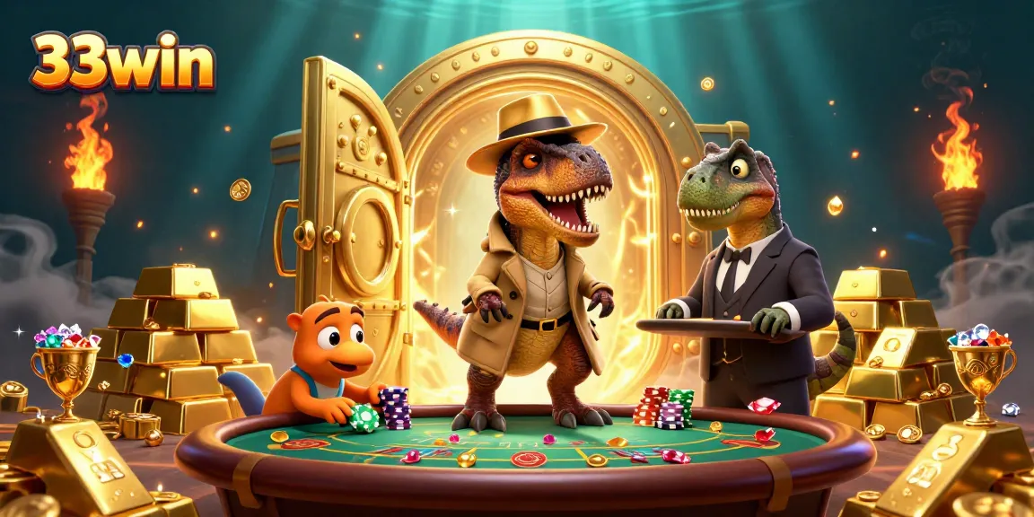 Experience thrilling casino action at 33win with cartoon velociraptor and friends in a vibrant blackjack scene.