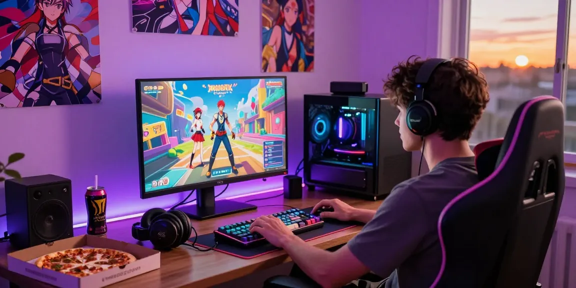 Gamer deeply focused on a thrilling hentai game in a vibrant anime-themed room with gaming accessories.