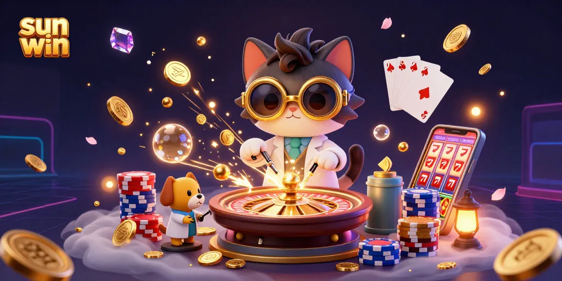 Experience the excitement of sun win gameplay with vibrant illustrations of gold coins and spinning roulette.