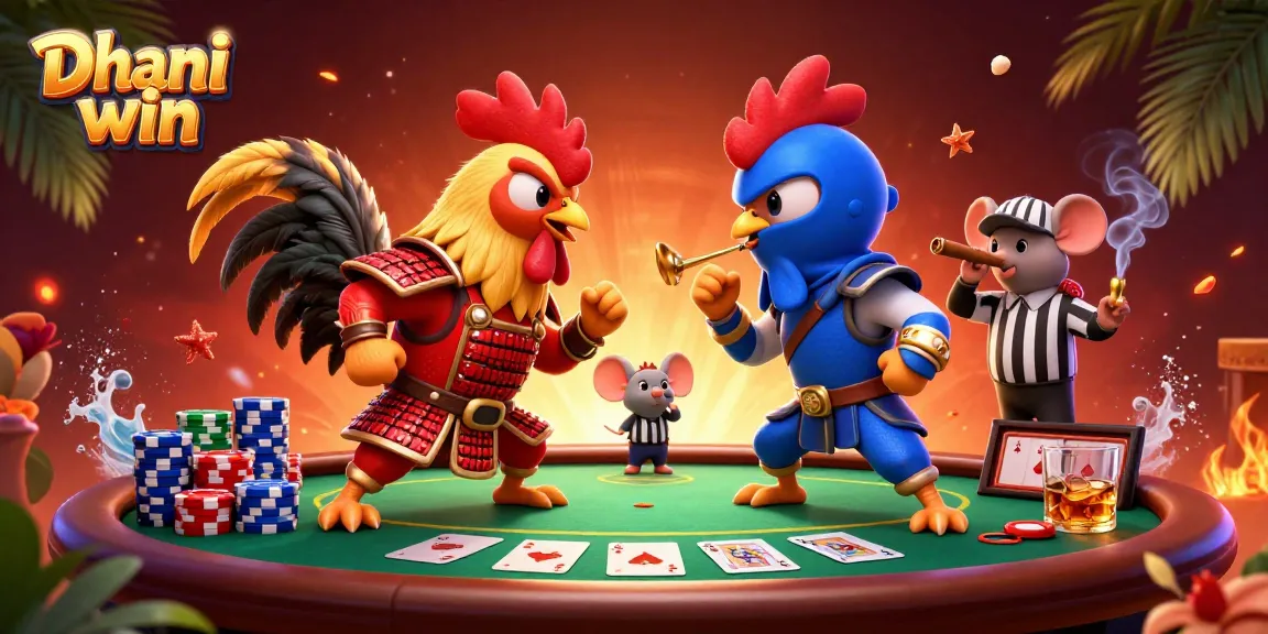 Engage in thrilling action on Dhani win with a dramatic rooster showdown at a poker table.