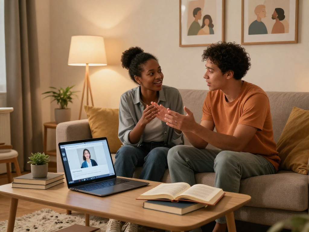 Couple using sex AI for relationship coaching in cozy living room