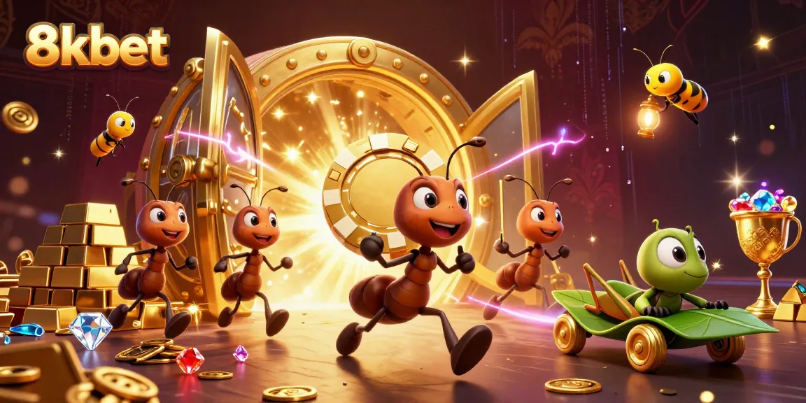 Join the 8kbet adventure with cartoon ants heisting golden poker chips amidst treasure chaos.