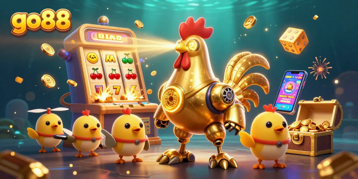Experience jackpots at go88 with a lively illustration of a golden rooster robot blasting golden patterns among a flurry of casino games.